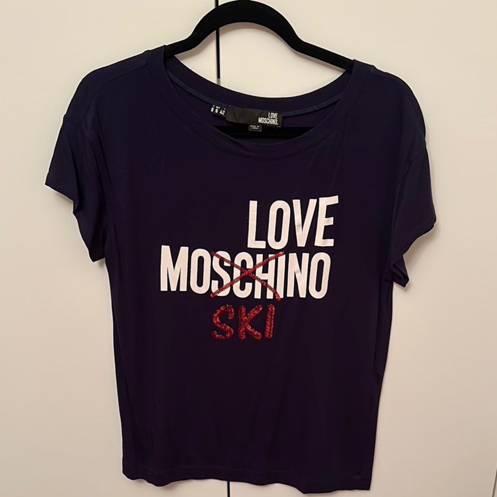 Love Moschino Dark Purple Tee with White and Red Print